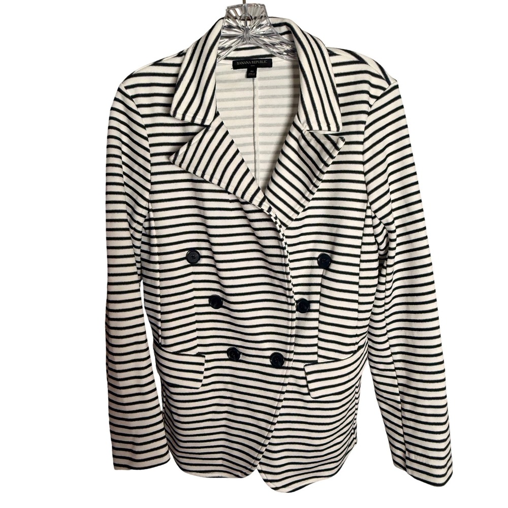 Banana Republic Blazer Women Medium White Navy Stripe Double Breasted Nautical